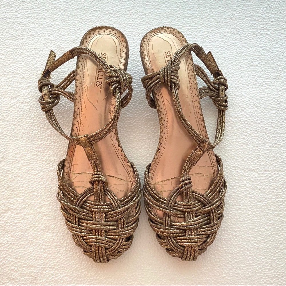 🧳 Seychelles metallic t strap kitten heels